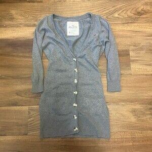 Hollister Cardigan Sweater Womens Size M Gray Longline Button Front Logo